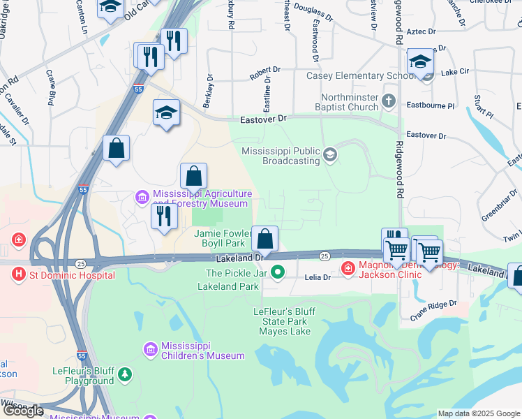 map of restaurants, bars, coffee shops, grocery stores, and more near 3684 Lakeland Lane in Jackson