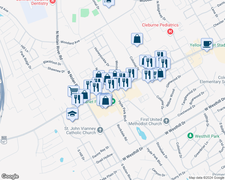 map of restaurants, bars, coffee shops, grocery stores, and more near 1646 West Henderson Street in Cleburne
