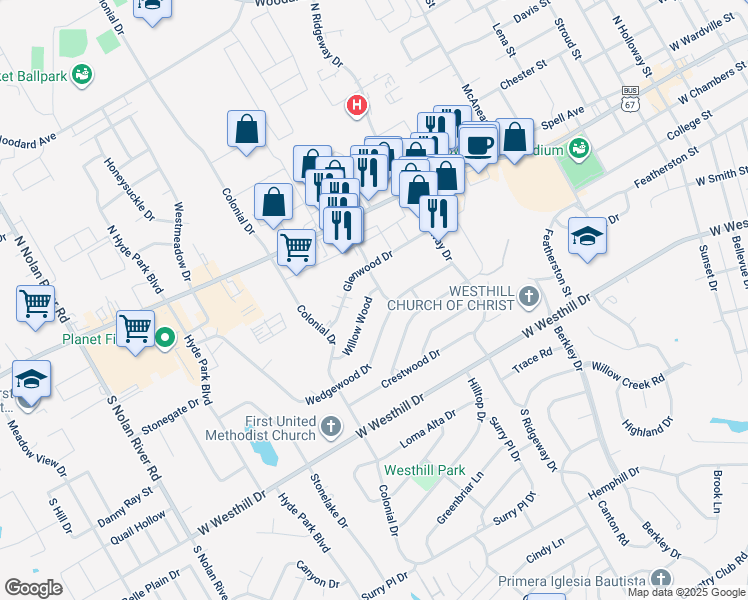 map of restaurants, bars, coffee shops, grocery stores, and more near 1227 Willow Wood Street in Cleburne