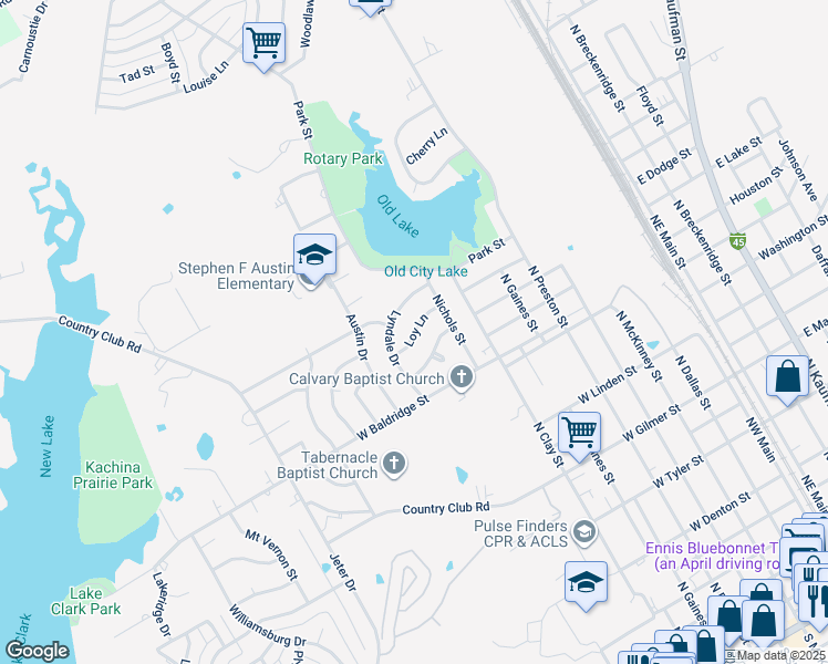 map of restaurants, bars, coffee shops, grocery stores, and more near 809 Loy Lane in Ennis