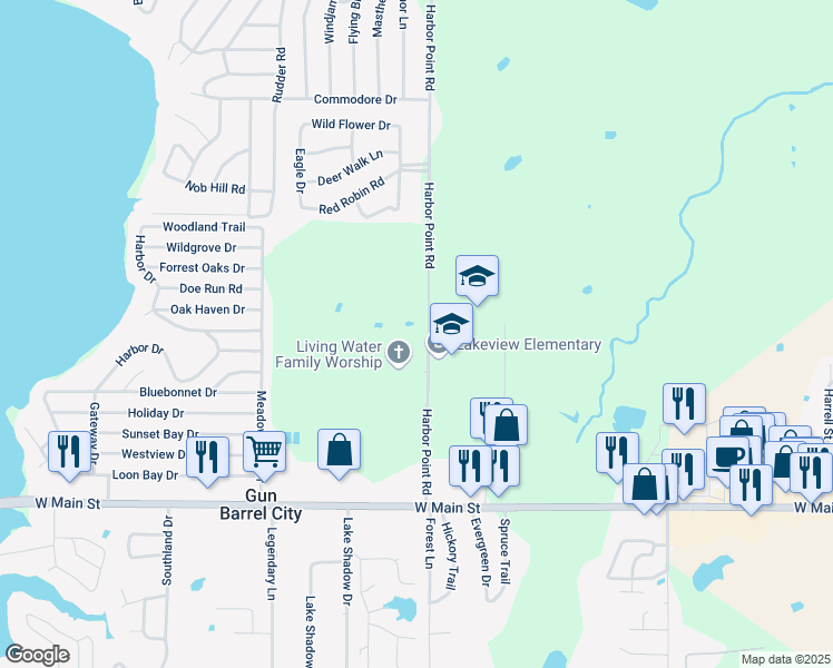 map of restaurants, bars, coffee shops, grocery stores, and more near 358 Harbor Point Road in Gun Barrel City