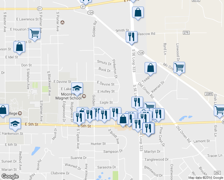 map of restaurants, bars, coffee shops, grocery stores, and more near 2426 East Holley Street in Tyler