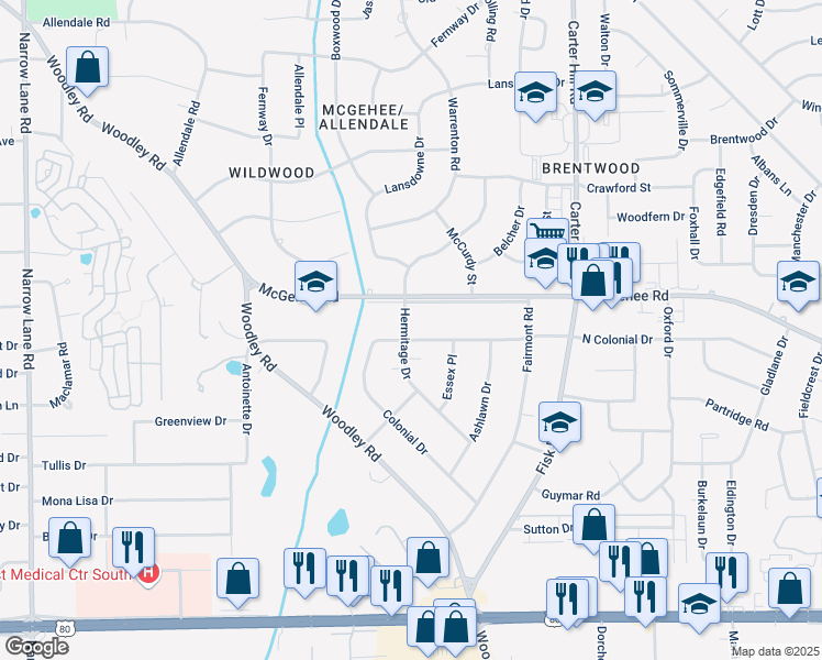 map of restaurants, bars, coffee shops, grocery stores, and more near 2718 Greenbriar Road in Montgomery