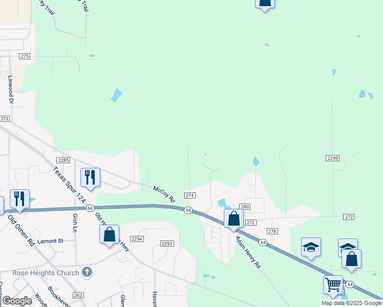 map of restaurants, bars, coffee shops, grocery stores, and more near 9167 County Road 274 in Tyler