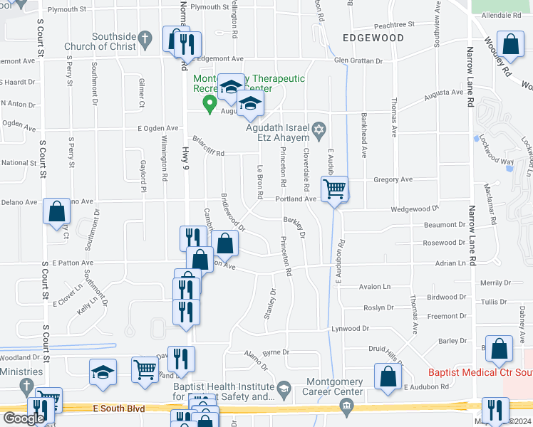 map of restaurants, bars, coffee shops, grocery stores, and more near 3619 Berkley Avenue in Montgomery