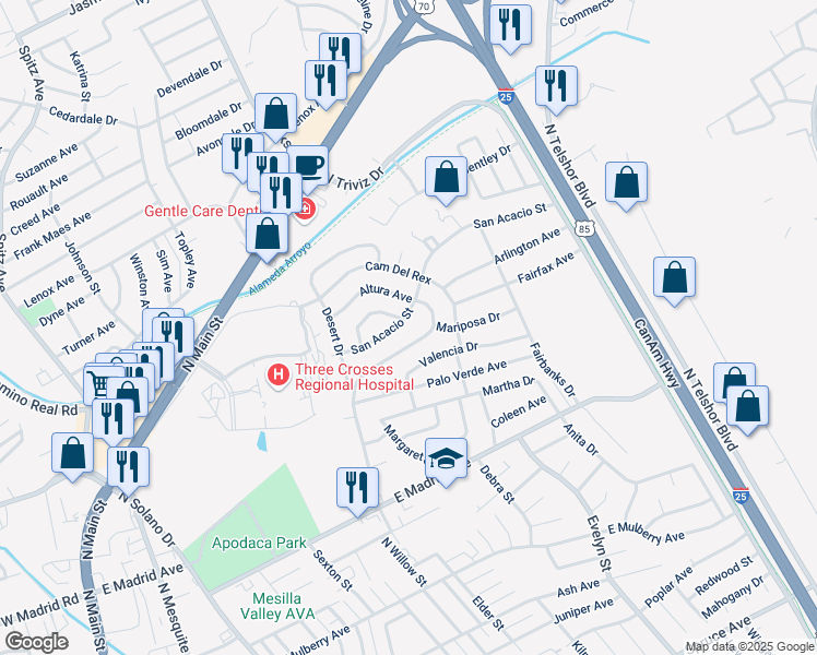 map of restaurants, bars, coffee shops, grocery stores, and more near 2695 Calle De Rosa in Las Cruces