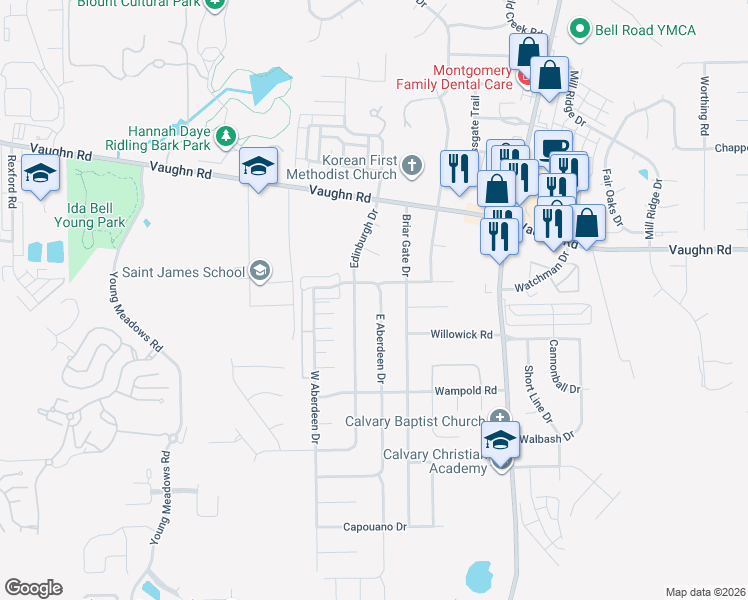 map of restaurants, bars, coffee shops, grocery stores, and more near 2108 East Aberdeen Drive in Montgomery