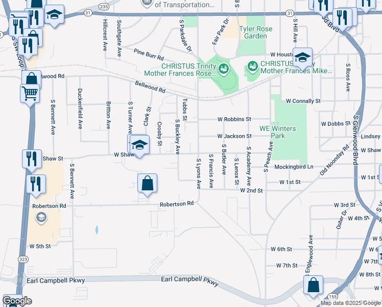 map of restaurants, bars, coffee shops, grocery stores, and more near 1023 South Lyons Avenue in Tyler