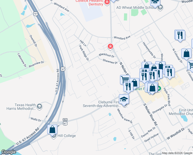 map of restaurants, bars, coffee shops, grocery stores, and more near 1801 Blackfoot Drive in Cleburne
