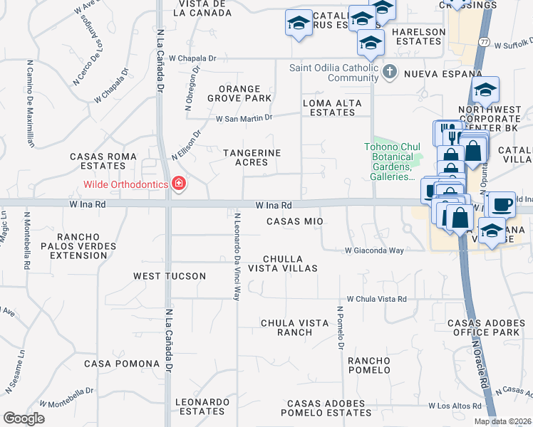 map of restaurants, bars, coffee shops, grocery stores, and more near 1111 West Ina Road in Tucson