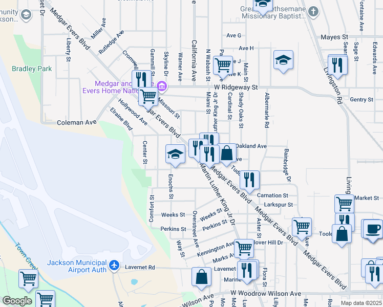 map of restaurants, bars, coffee shops, grocery stores, and more near 3359 Medgar Evers Boulevard in Jackson