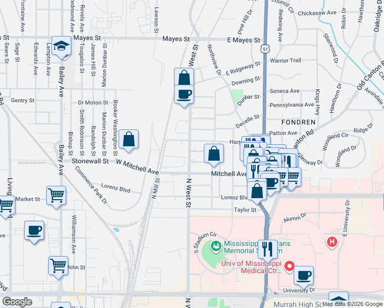 map of restaurants, bars, coffee shops, grocery stores, and more near 214 Gaddis Street in Jackson