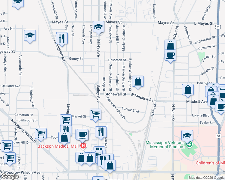 map of restaurants, bars, coffee shops, grocery stores, and more near 2827 Randolph Street in Jackson