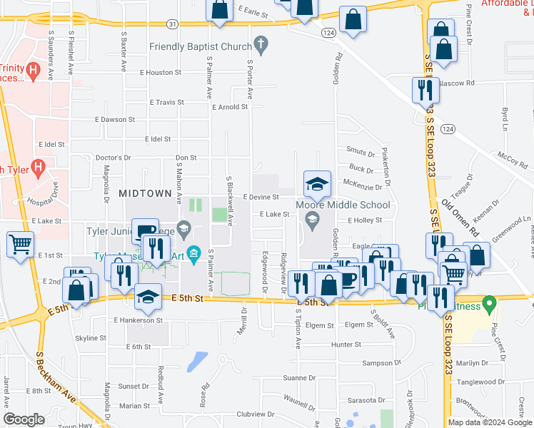 map of restaurants, bars, coffee shops, grocery stores, and more near 1918 East Lake Street in Tyler