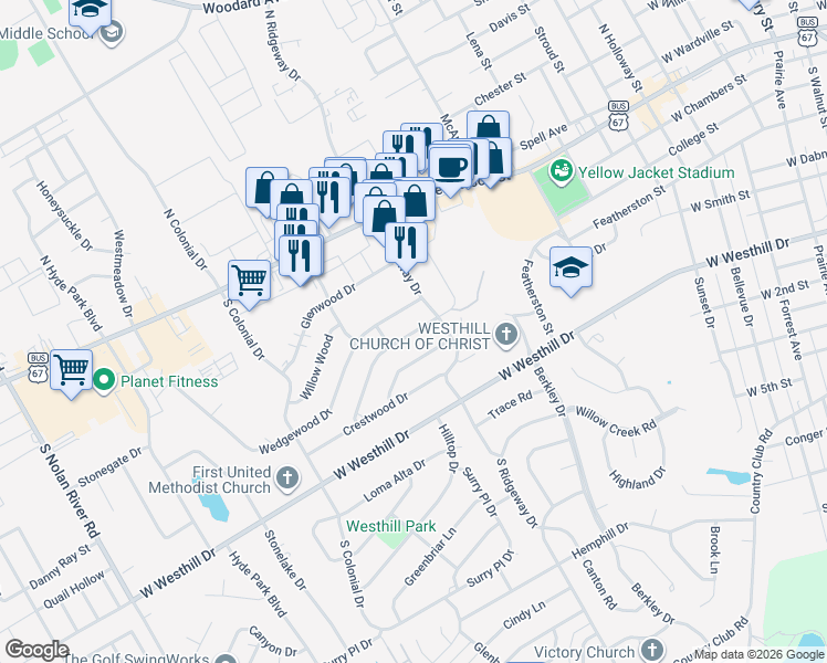 map of restaurants, bars, coffee shops, grocery stores, and more near 1206 Tanglewood Drive in Cleburne