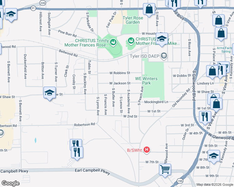 map of restaurants, bars, coffee shops, grocery stores, and more near 2009 West Shaw Street in Tyler