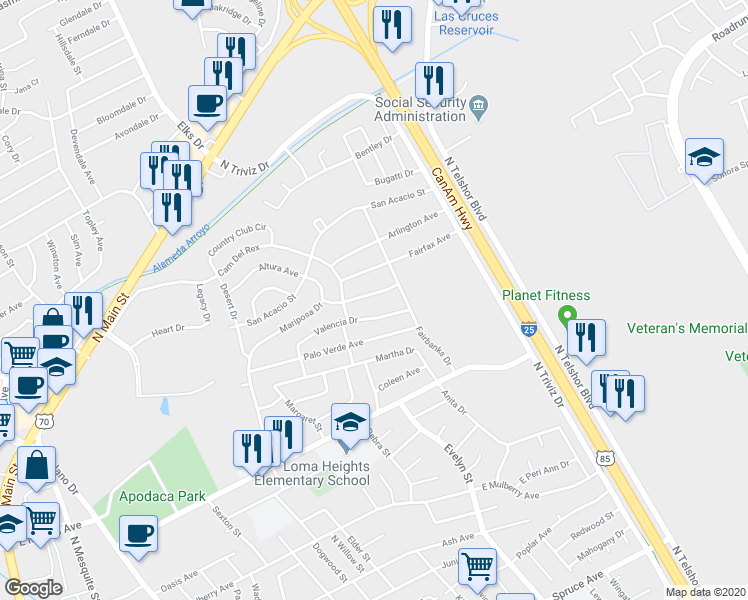 map of restaurants, bars, coffee shops, grocery stores, and more near 1740 Mariposa Drive in Las Cruces