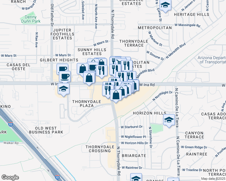 map of restaurants, bars, coffee shops, grocery stores, and more near 7164 North Thornydale Road in Tucson