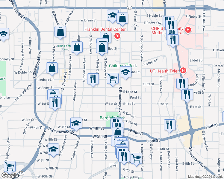map of restaurants, bars, coffee shops, grocery stores, and more near 202 West Shaw Street in Tyler
