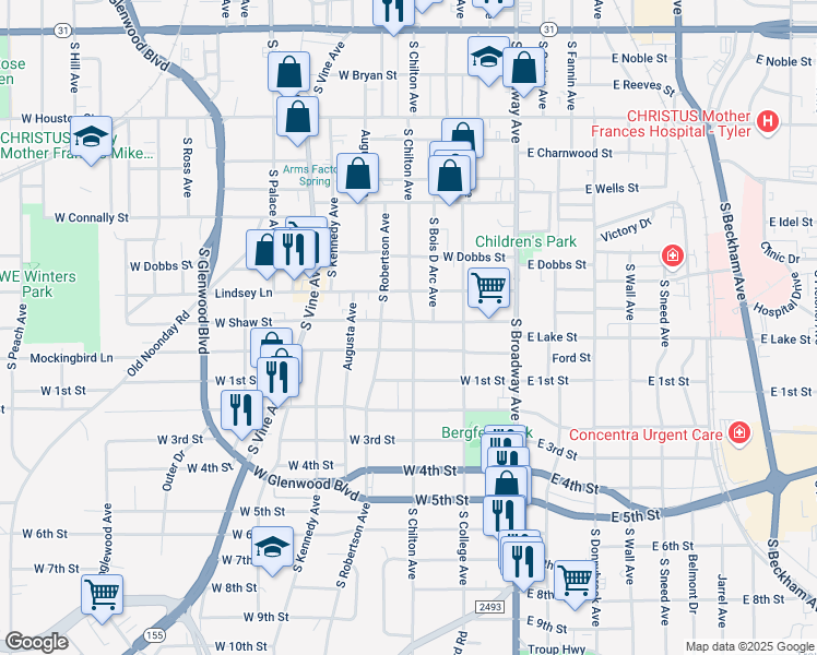 map of restaurants, bars, coffee shops, grocery stores, and more near 1105 South Chilton Avenue in Tyler