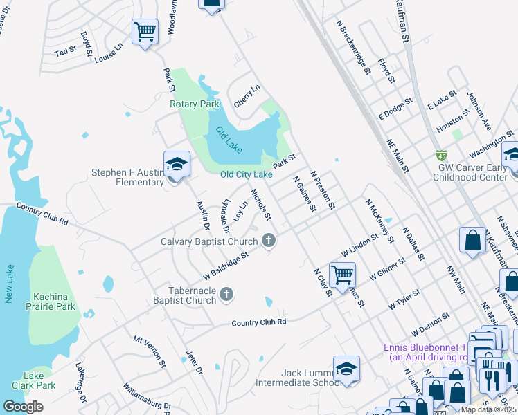 map of restaurants, bars, coffee shops, grocery stores, and more near 803 Loy Lane in Ennis