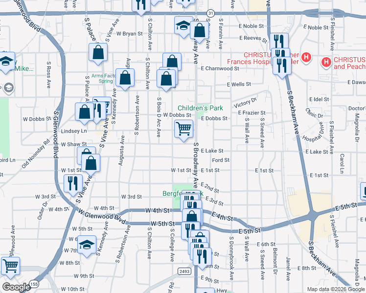 map of restaurants, bars, coffee shops, grocery stores, and more near 215 West Shaw Street in Tyler