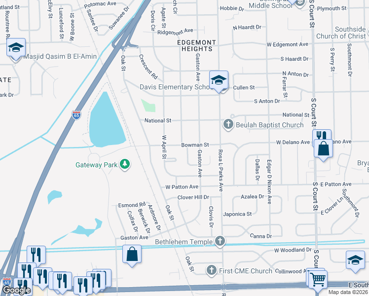 map of restaurants, bars, coffee shops, grocery stores, and more near 713 Bowman Street in Montgomery
