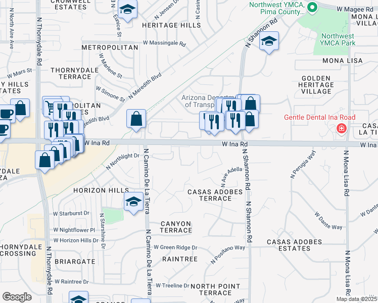 map of restaurants, bars, coffee shops, grocery stores, and more near 3201 West Ina Road in Tucson