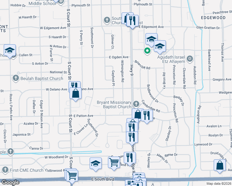 map of restaurants, bars, coffee shops, grocery stores, and more near 3600 Wilmington Road in Montgomery