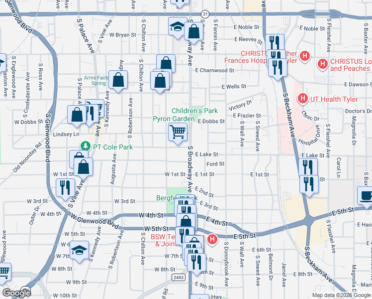 map of restaurants, bars, coffee shops, grocery stores, and more near 1021 South Broadway Avenue in Tyler