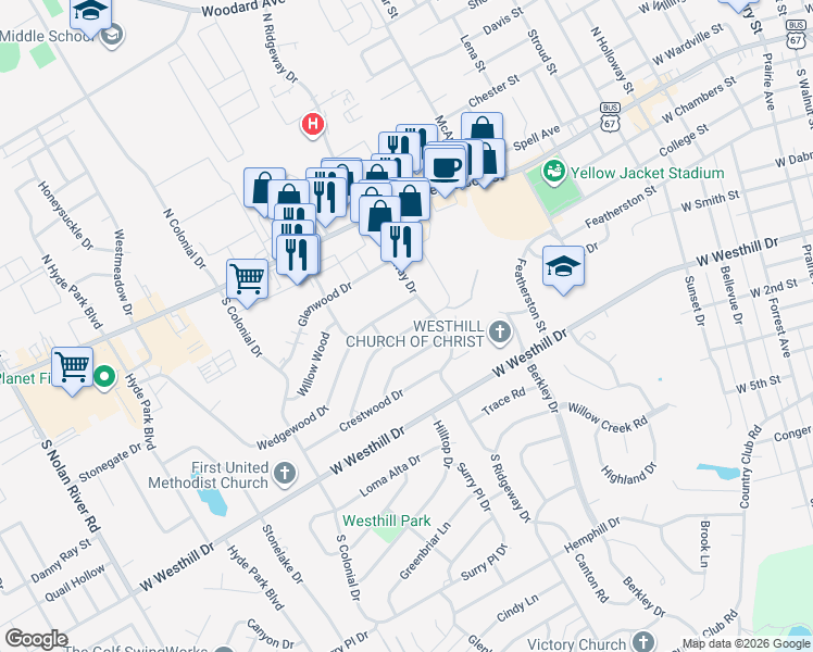 map of restaurants, bars, coffee shops, grocery stores, and more near 1206 Tanglewood Dr in Cleburne