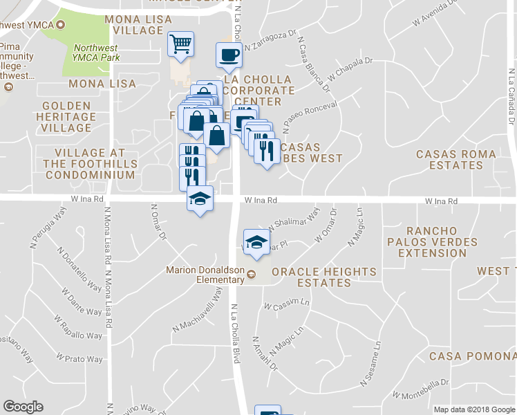 map of restaurants, bars, coffee shops, grocery stores, and more near 2035 West Ina Road in Tucson