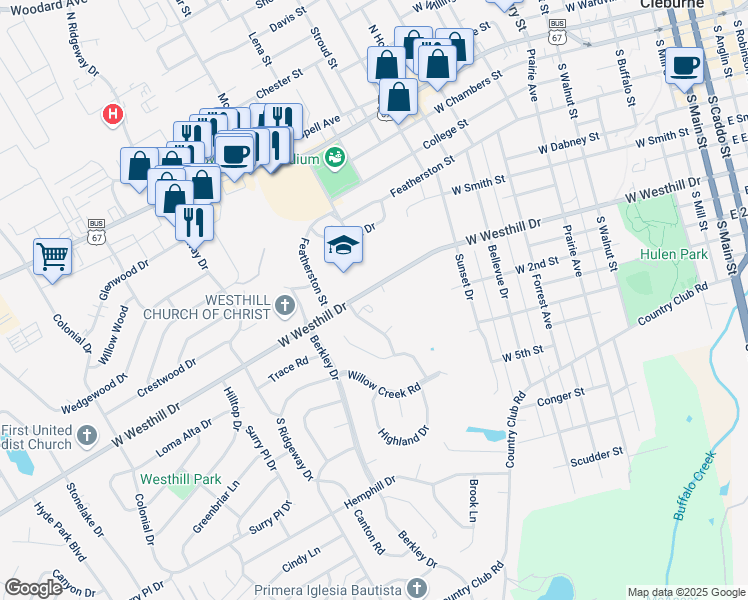 map of restaurants, bars, coffee shops, grocery stores, and more near 917 W Westhill Dr in Cleburne