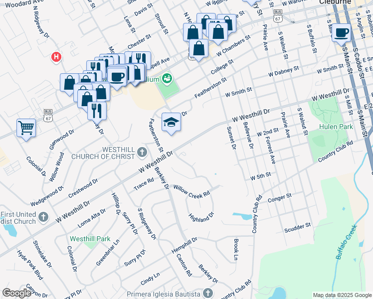 map of restaurants, bars, coffee shops, grocery stores, and more near 917 West Westhill Drive in Cleburne