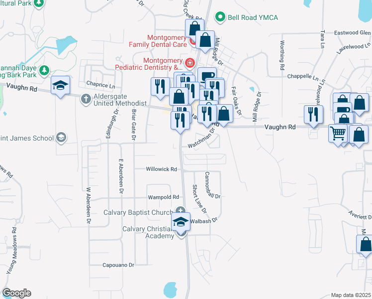map of restaurants, bars, coffee shops, grocery stores, and more near 3201 Bell Road in Montgomery