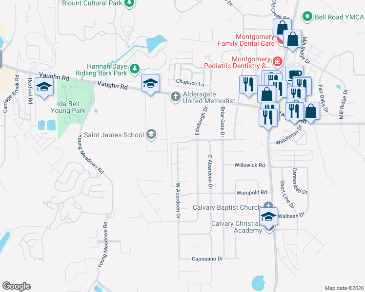 map of restaurants, bars, coffee shops, grocery stores, and more near 6614 East Aberdeen Drive in Montgomery