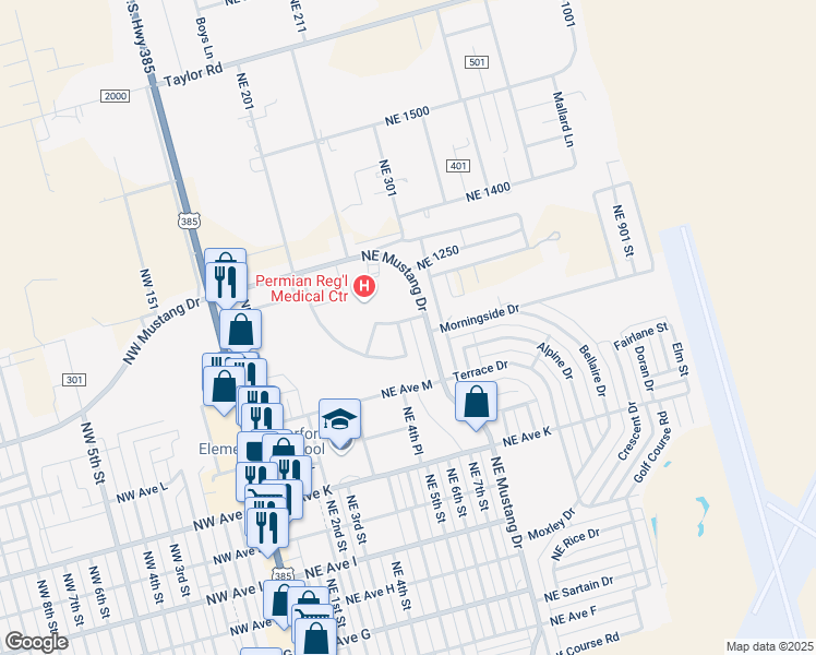 map of restaurants, bars, coffee shops, grocery stores, and more near 1420 Northeast 7th Street in Andrews