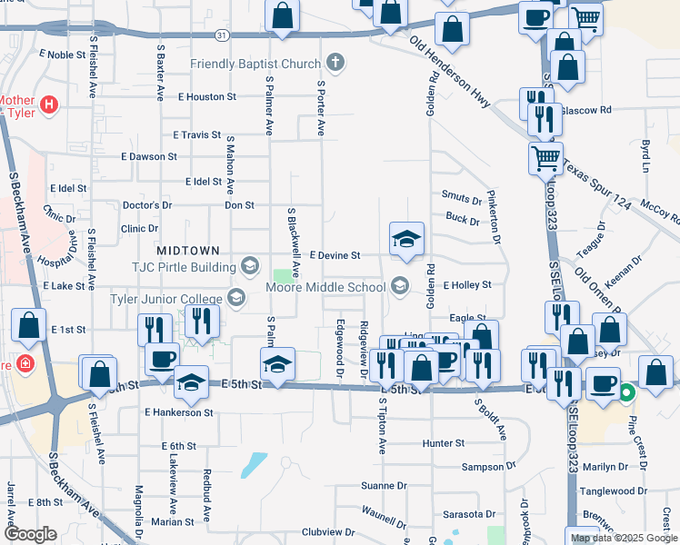 map of restaurants, bars, coffee shops, grocery stores, and more near 1918 East Lake Street in Tyler