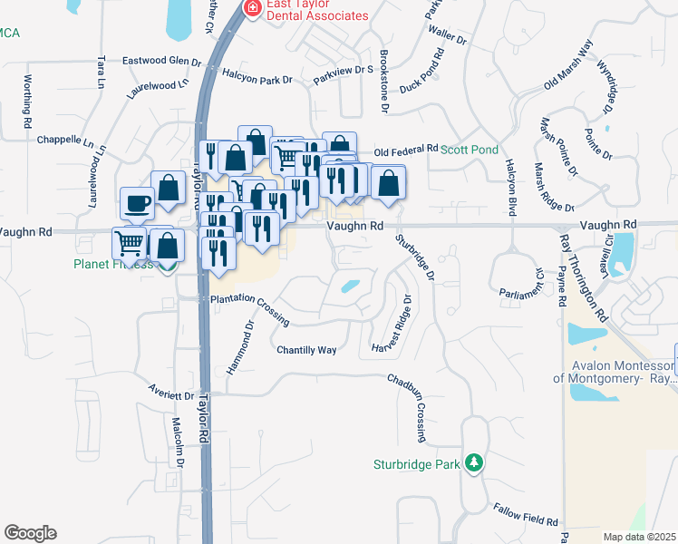 map of restaurants, bars, coffee shops, grocery stores, and more near 8700 Seaton Boulevard in Montgomery