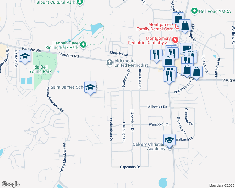 map of restaurants, bars, coffee shops, grocery stores, and more near 6626 East Aberdeen Drive in Montgomery