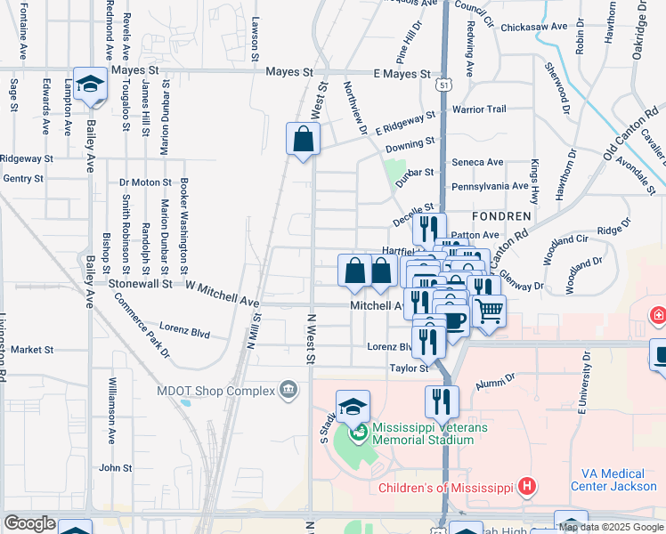 map of restaurants, bars, coffee shops, grocery stores, and more near 214 Gaddis Street in Jackson