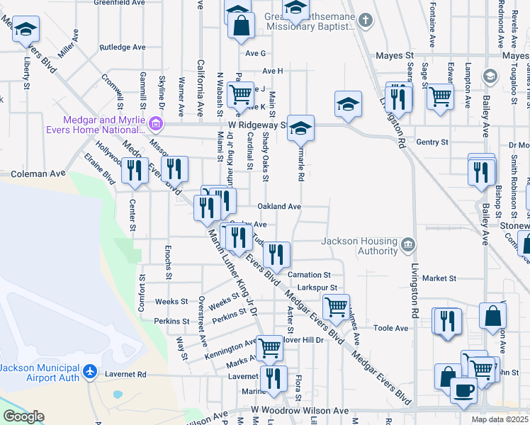 map of restaurants, bars, coffee shops, grocery stores, and more near 1805 Oakland Avenue in Jackson