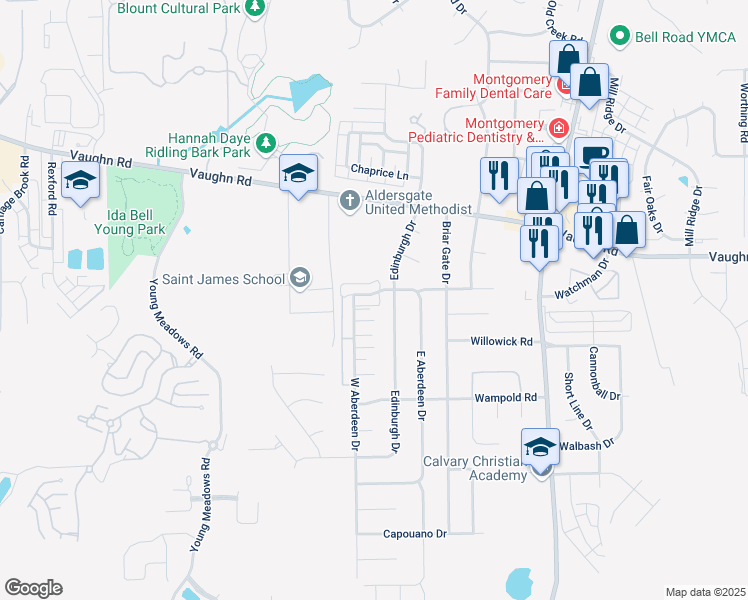 map of restaurants, bars, coffee shops, grocery stores, and more near 6626 East Aberdeen Drive in Montgomery