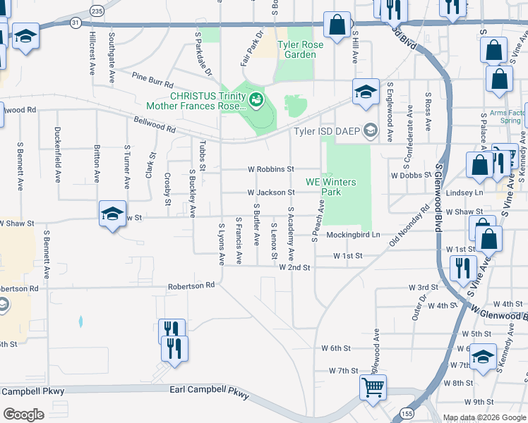 map of restaurants, bars, coffee shops, grocery stores, and more near 2009 West Shaw Street in Tyler