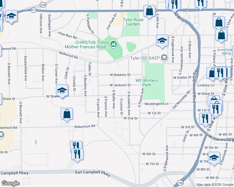 map of restaurants, bars, coffee shops, grocery stores, and more near 2009 West Shaw Street in Tyler