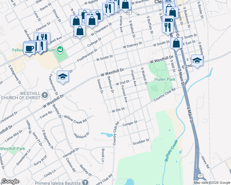 map of restaurants, bars, coffee shops, grocery stores, and more near 409 Bellevue Drive in Cleburne