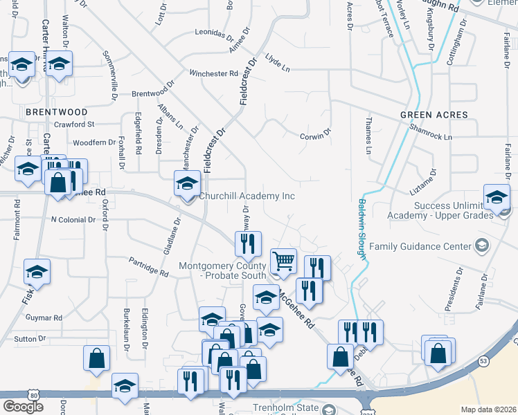 map of restaurants, bars, coffee shops, grocery stores, and more near 3436 Summerhill Drive in Montgomery