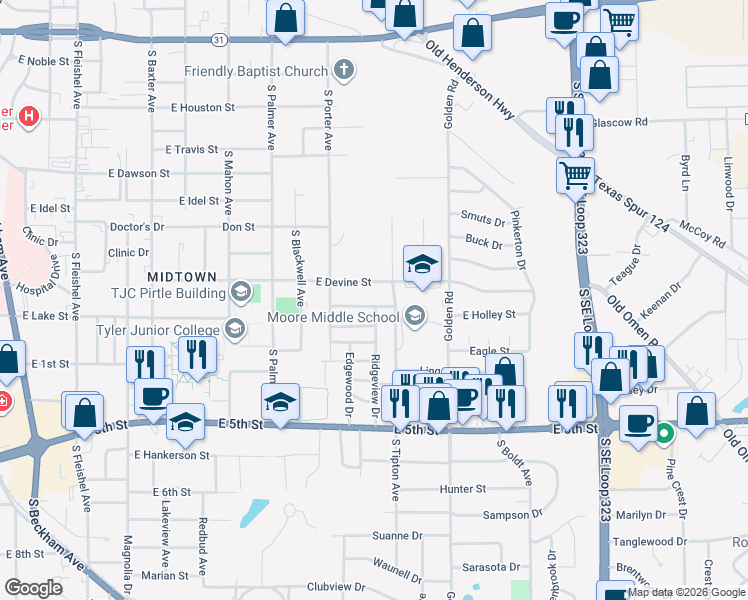 map of restaurants, bars, coffee shops, grocery stores, and more near 2012 East Lake Street in Tyler