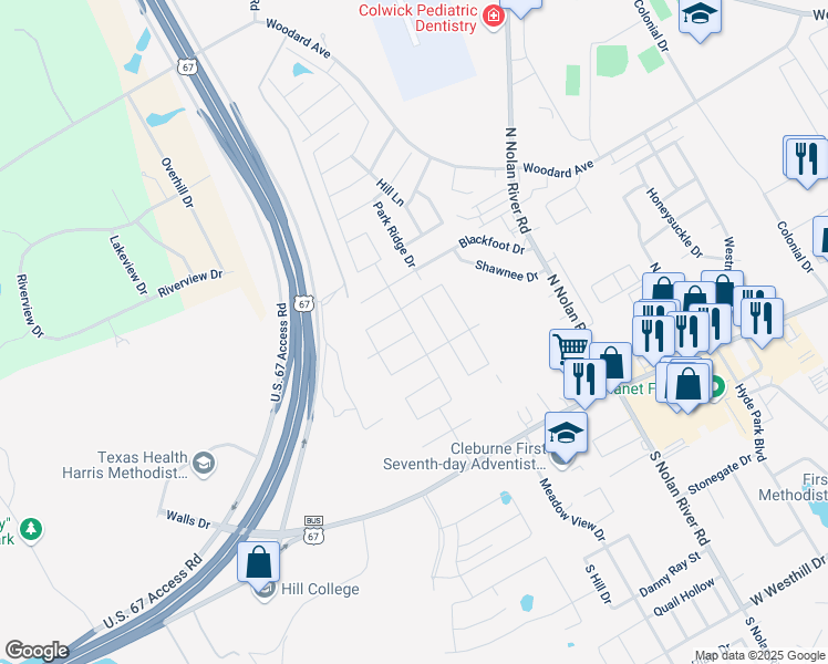 map of restaurants, bars, coffee shops, grocery stores, and more near 1803 Blackfoot Drive in Cleburne