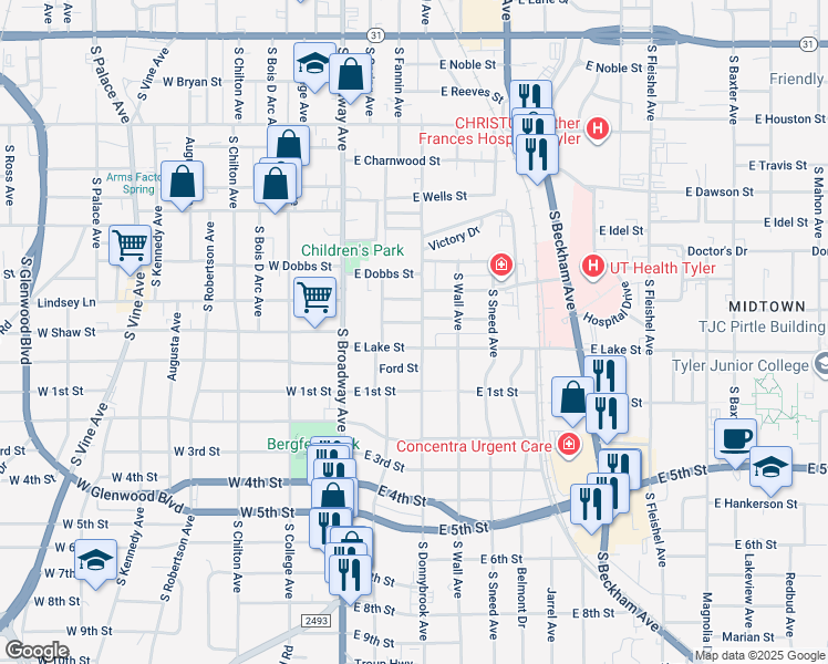 map of restaurants, bars, coffee shops, grocery stores, and more near 1019 South Donnybrook Avenue in Tyler